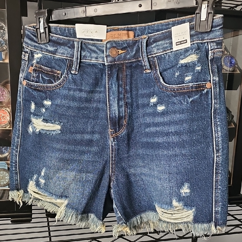 Judy Blue Frayed Hem Jean Shorts - Dark Blue